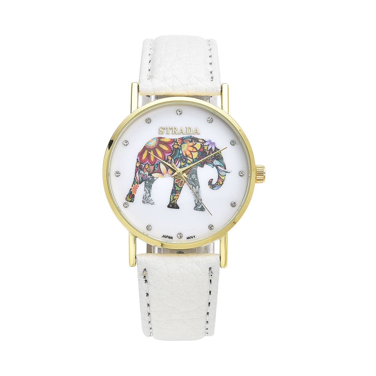 STRADA Austrian Crystal Japanese Movement Elephant Watch with White Faux Leather Strap (6.50-8.00 Inches) 0.20 ctw