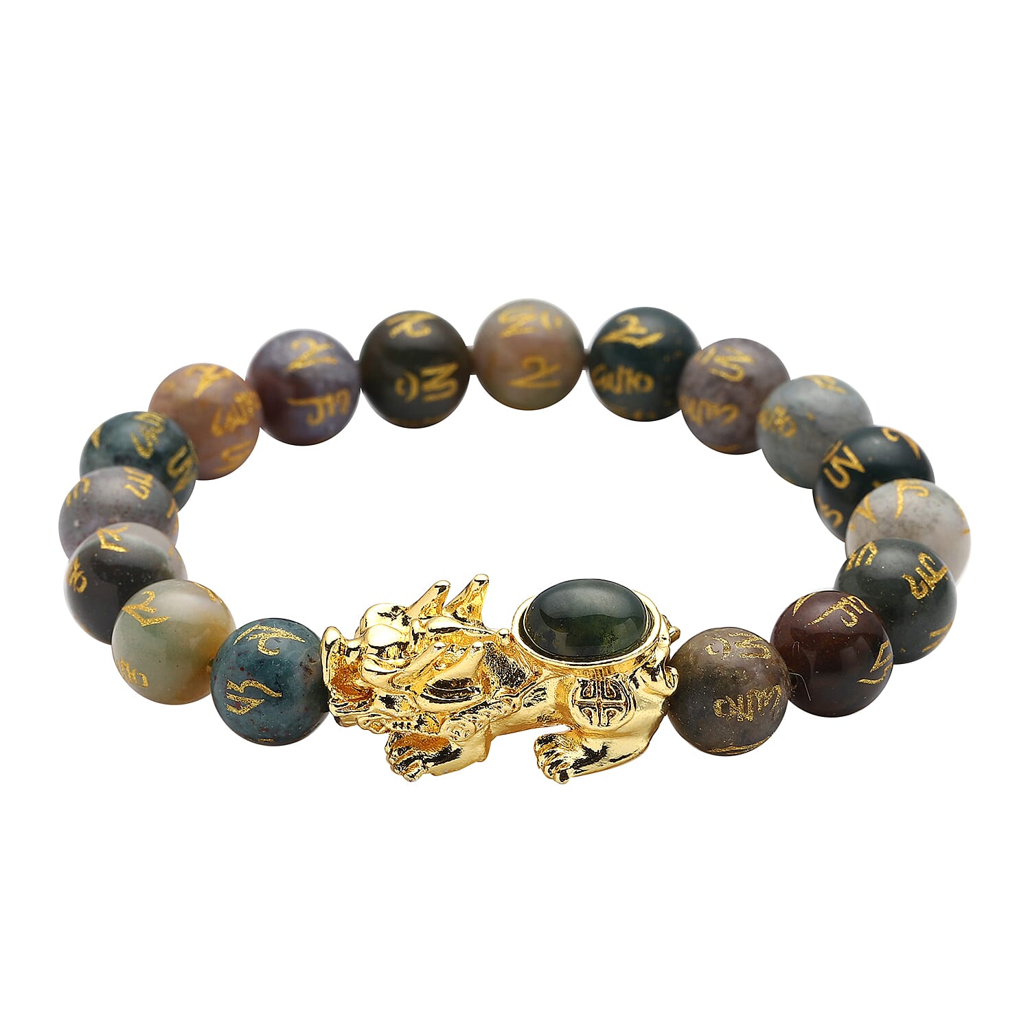 Feng Shui Black Obsidian Beaded with Pi Xiu Charm Stretch Bracelet in Goldtone 109.50 ctw