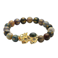Feng Shui Black Obsidian Beaded with Pi Xiu Charm Stretch Bracelet in Goldtone 109.50 ctw