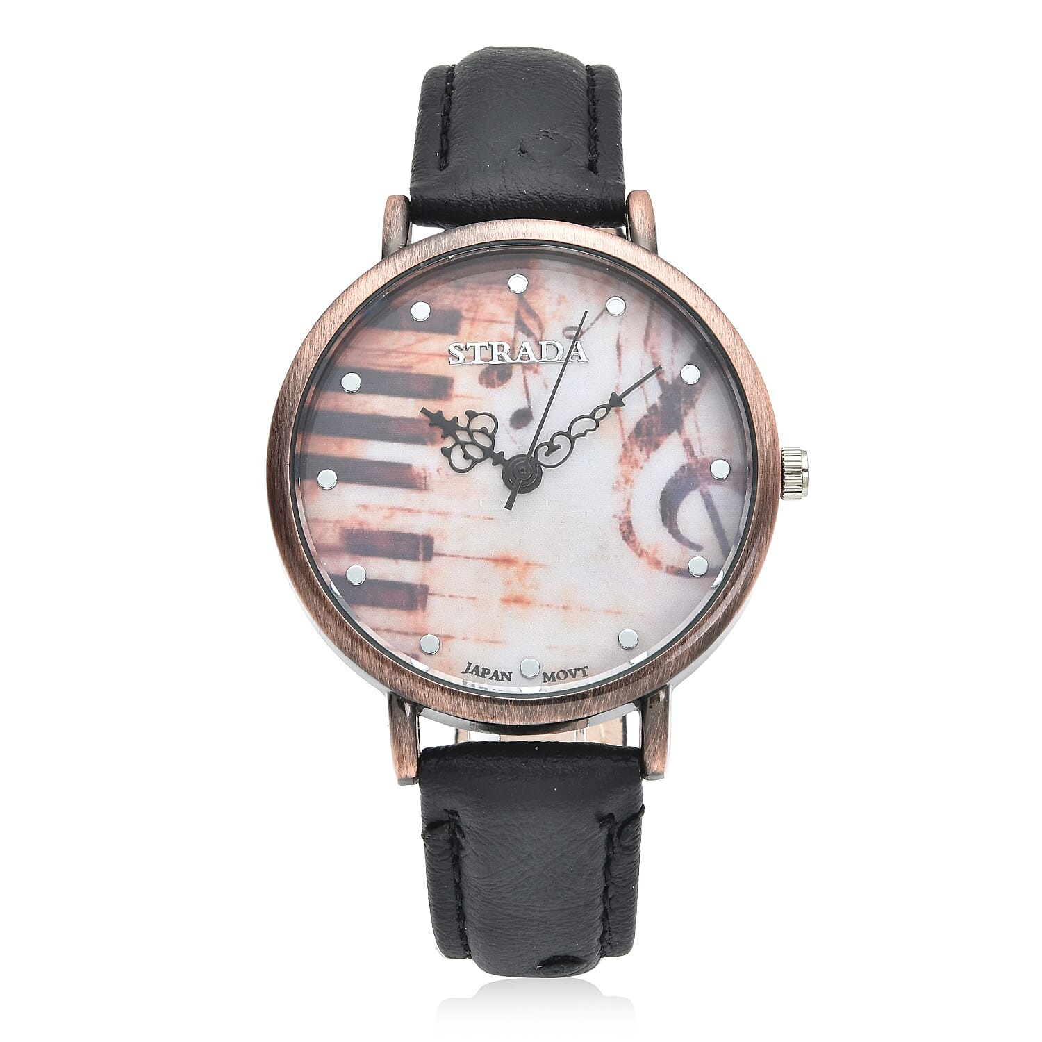 STRADA Japanese Movement Piano Pattern Dial Watch in Black Ostrich Embossed Faux Leather Strap