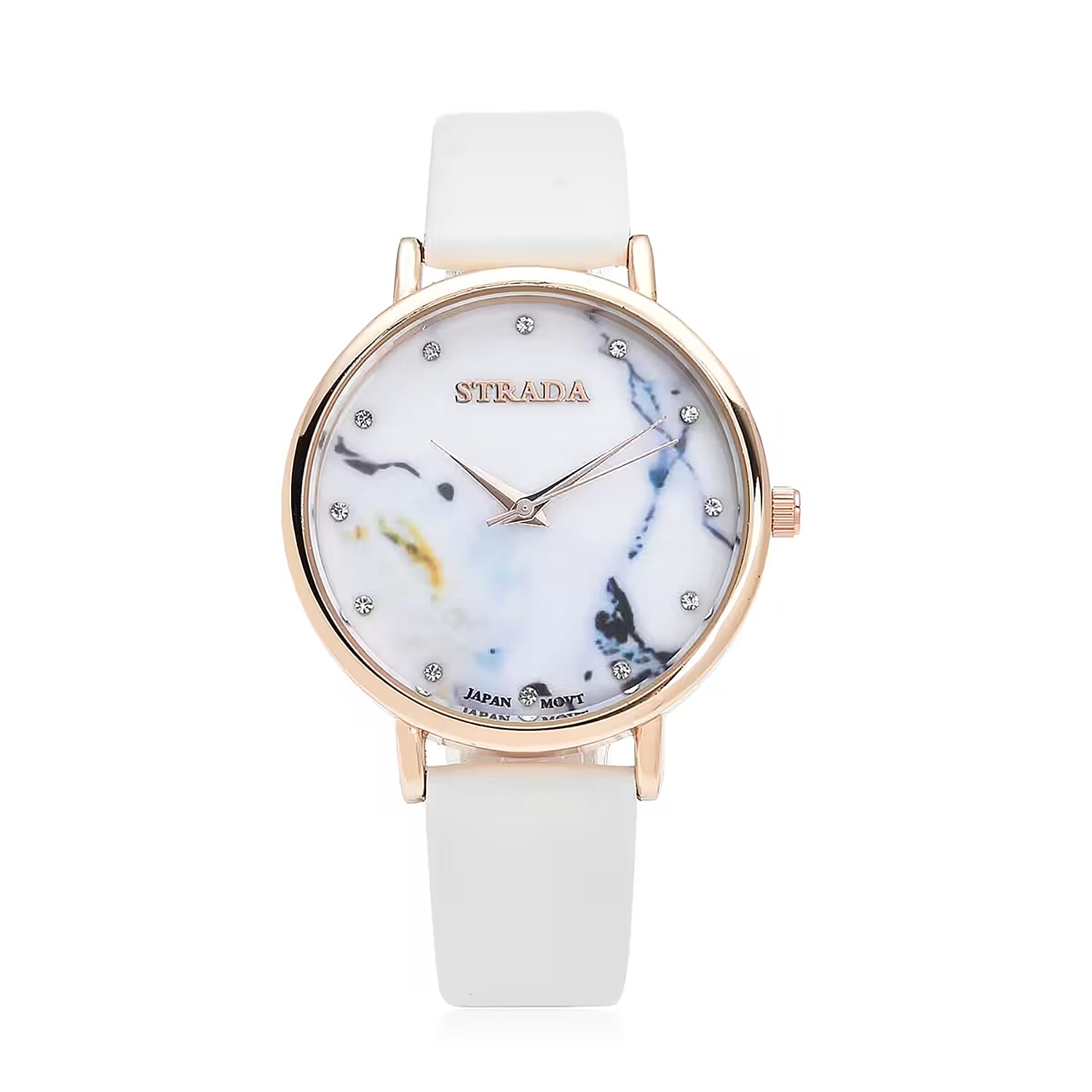 STRADA Austrian Crystal Japanese Movement Stone Pattern Dial Watch With White Faux Leather Strap