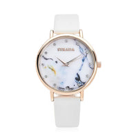 STRADA Austrian Crystal Japanese Movement Stone Pattern Dial Watch With White Faux Leather Strap