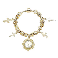 STRADA Austrian Crystal Japanese Movement Cross Charms Bracelet Watch in Silvertone