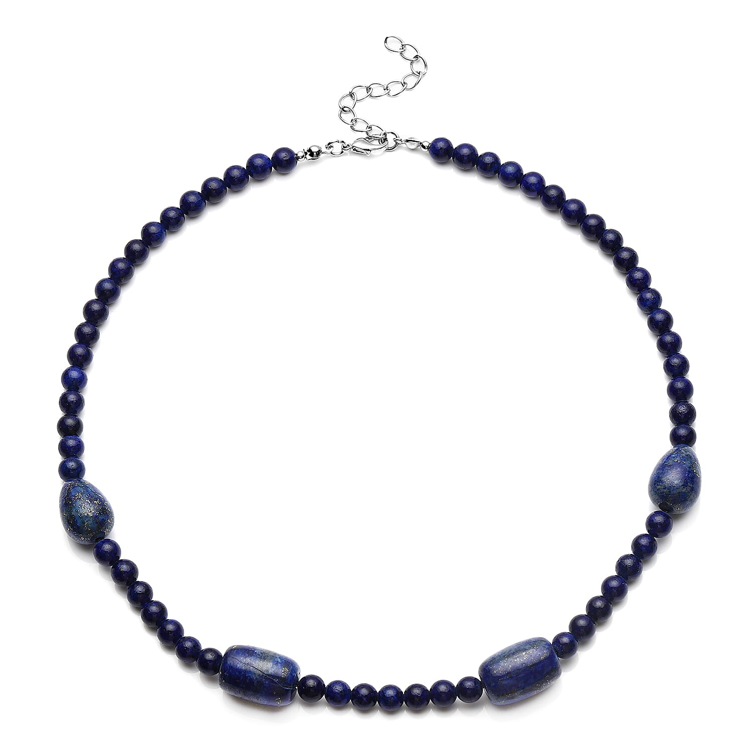 Lapis Lazuli Drop, Barrel Shape and Beaded Necklace 18-20 Inches in Silvertone 206.50 ctw