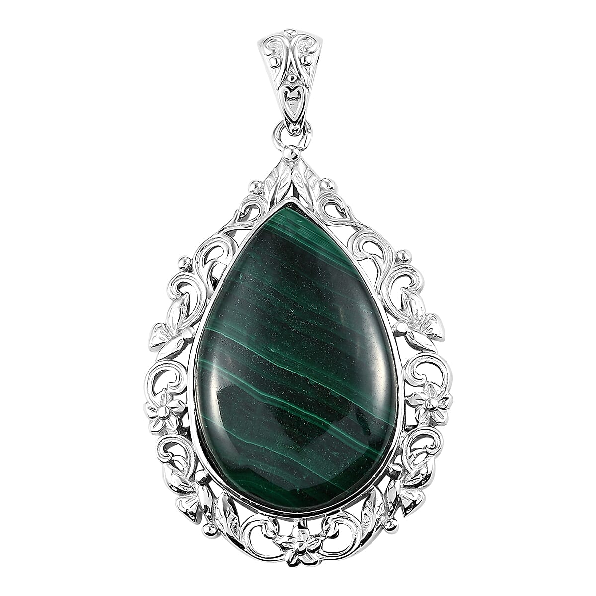 African Malachite Solitaire Pendant in Platinum Over Copper 36.80 ctw