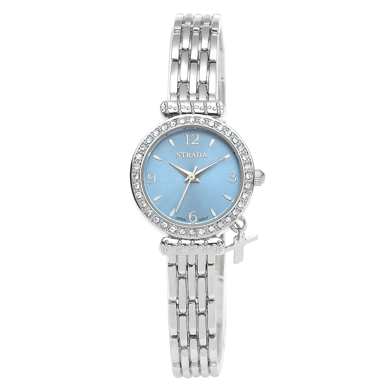 STRADA Austrian Crystal Japanese Movement Blue Dial Watch with Cross Charm in Silvertone Strap