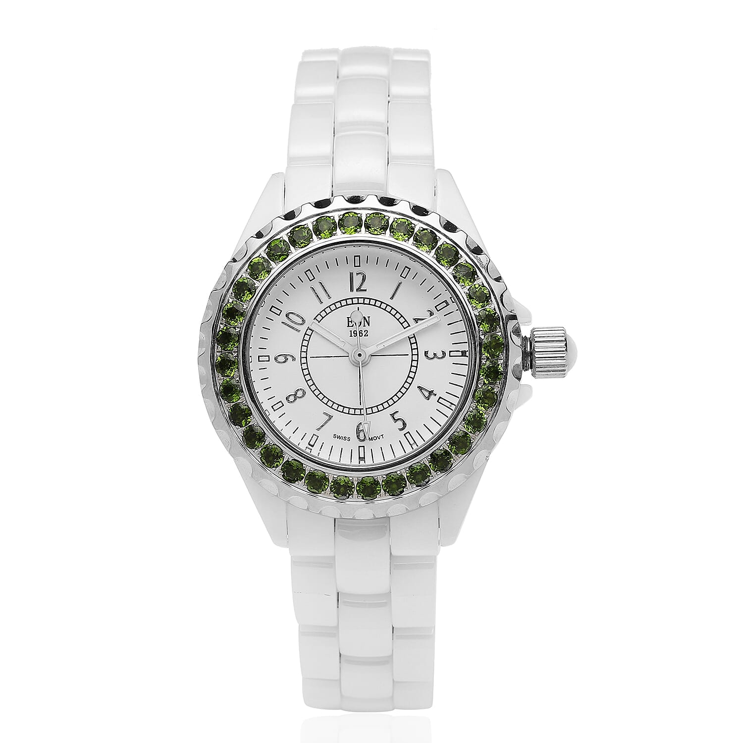 EON 1962 Natural Chrome Diopside Swiss Movement Double Halo Dial Watch with White Ceramic Strap 0.10 ctw