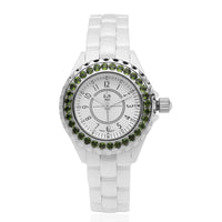 EON 1962 Natural Chrome Diopside Swiss Movement Double Halo Dial Watch with White Ceramic Strap 0.10 ctw