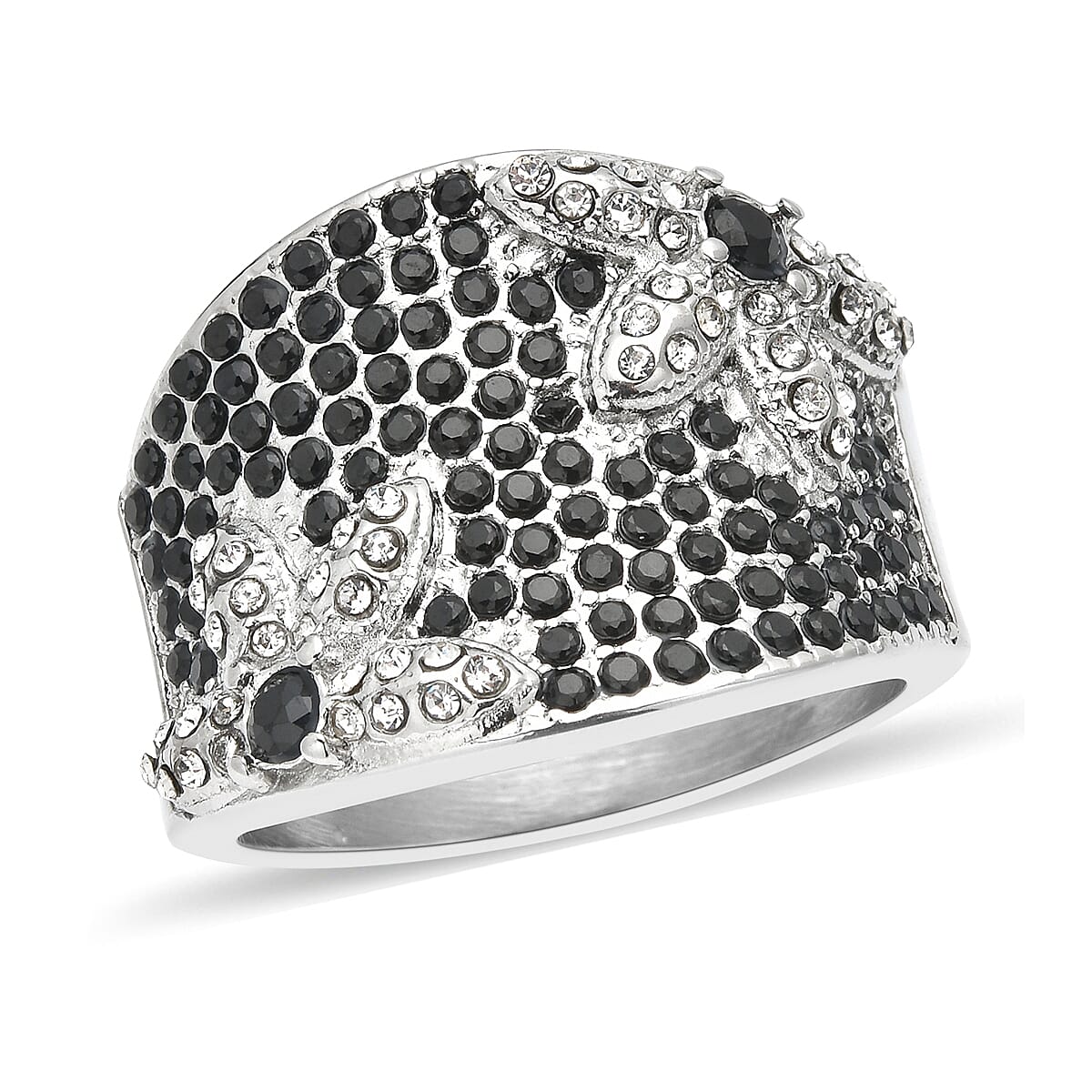 Austrian Crystal and Natural Thai Black Spinel Flower Ring in Stainless Steel (Size 9.0) 1.30 ctw