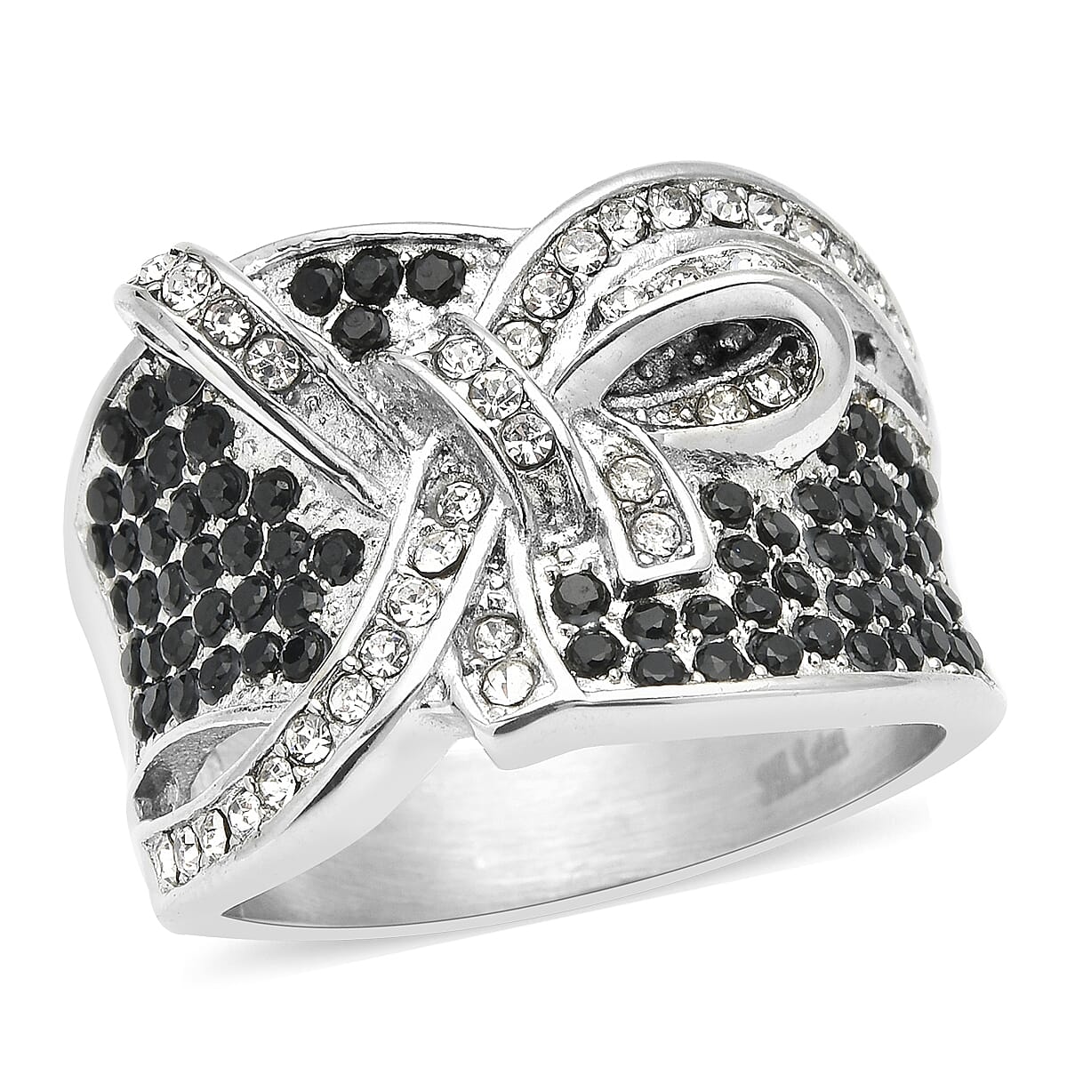 Austrian Crystal and Natural Thai Black Spinel Knotted Ring in Stainless Steel (Size 9.0) 0.70 ctw