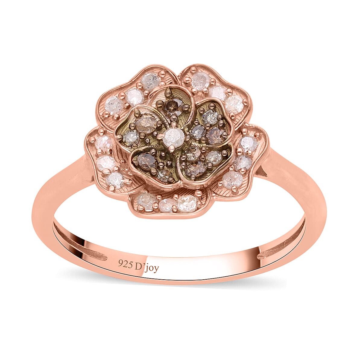 Natural Champagne and White Diamond Floral Ring in Vermeil Rose Gold Over Sterling Silver 0.33 ctw