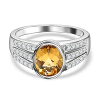 Yellow Beryl, White Zircon Ring in Platinum Over Sterling Silver (Size 10.0) 2.00 ctw