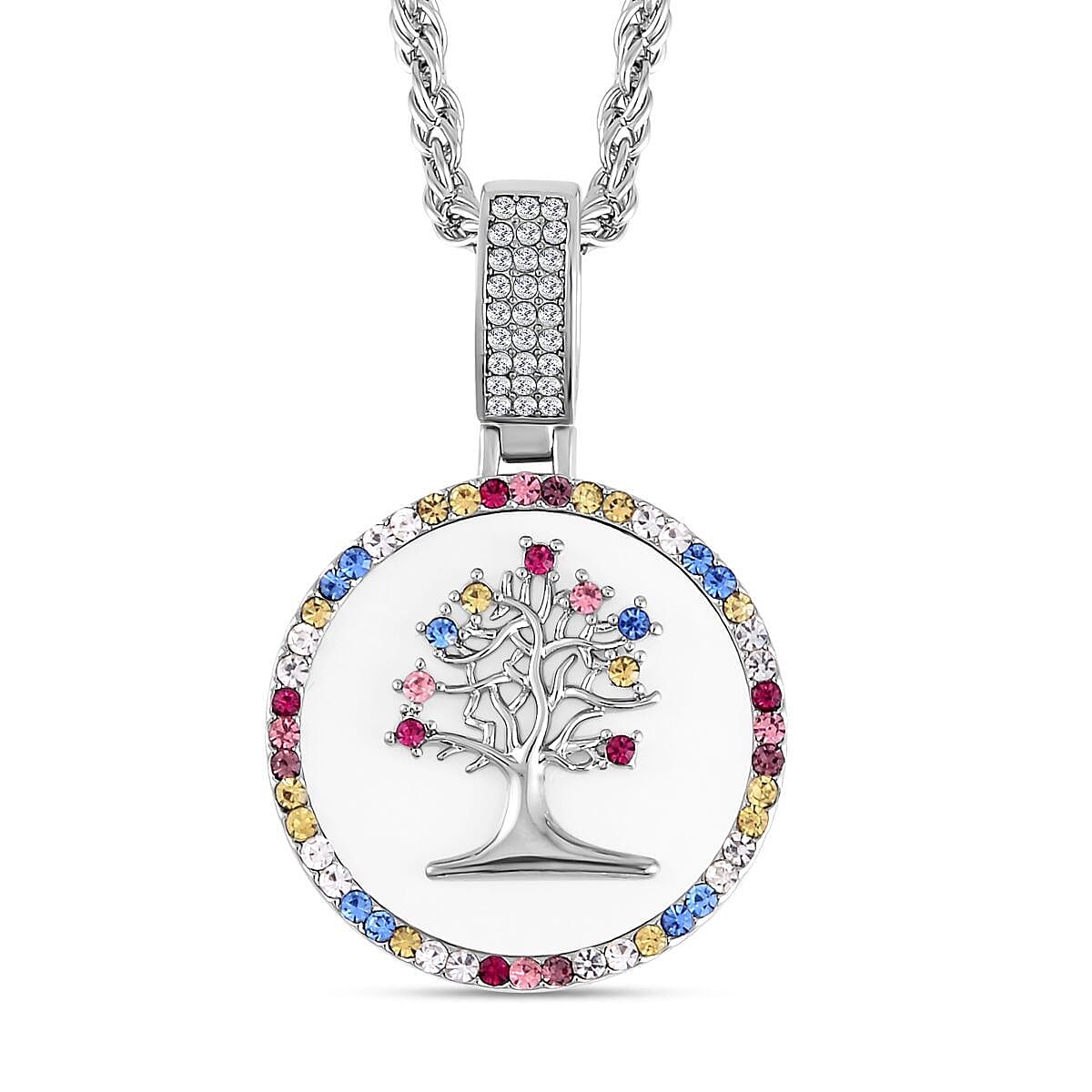 Multi Color Austrian Crystal, Resin Tree of Life Necklace (20 Inches) in Silvertone