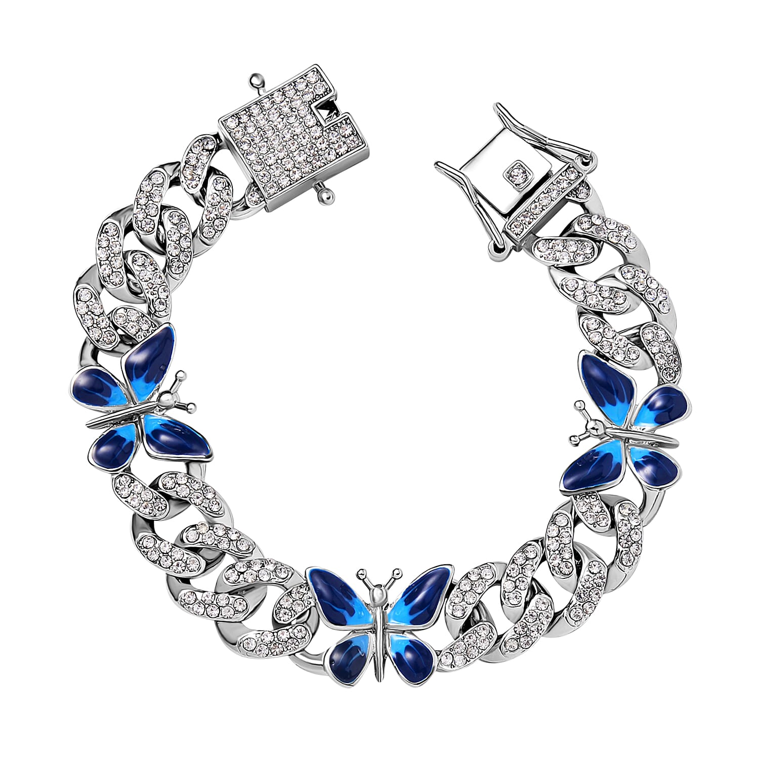 White Austrian Crystal and Enameled 3 Pcs Fixable Butterfly and Curb Link Chain Bracelet in Silvertone (6.50 In)