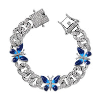 White Austrian Crystal and Enameled 3 Pcs Fixable Butterfly and Curb Link Chain Bracelet in Silvertone (6.50 In)