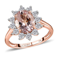 Luxoro 10K Rose Gold AAA Pink Morganite and Moissanite Sunburst Ring 2.15 ctw