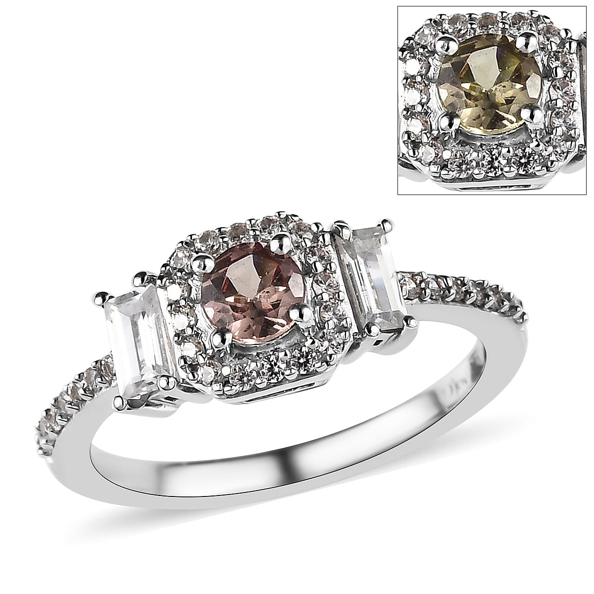 Bekily Color Change Garnet and White Zircon Ring in Platinum Over Sterling Silver 0.65 ctw