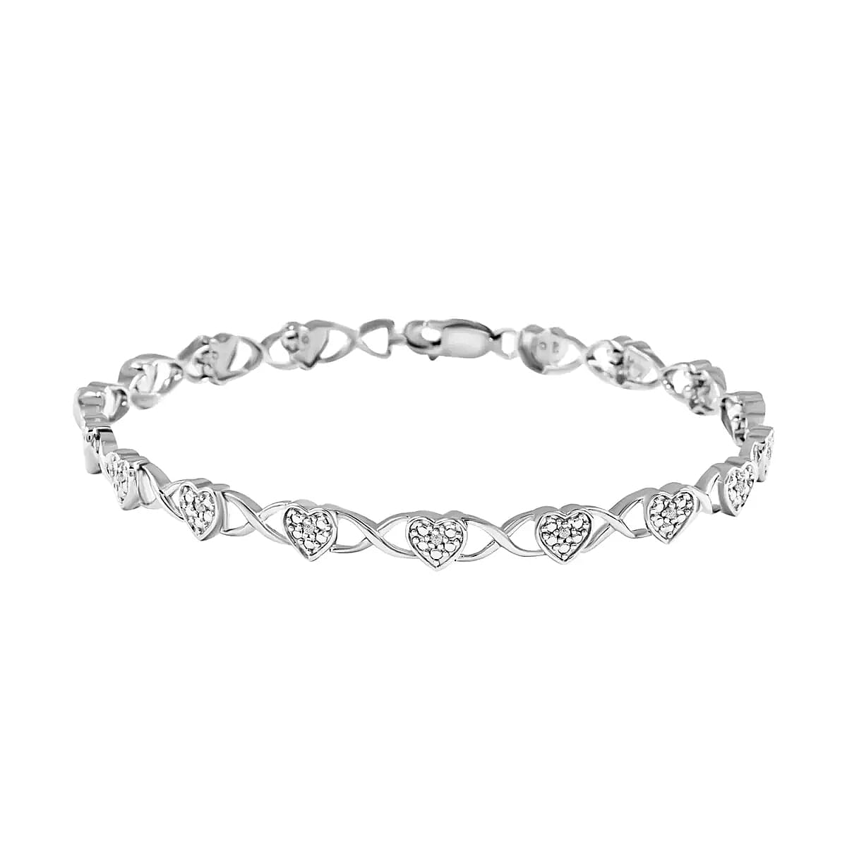 Diamond Bracelet, Heart Bracelet, Link Bracelet, Sterling Silver Bracelet, Heart Link Bracelet, Diamond Heart Bracelet (7.25 In) 0.10 ctw