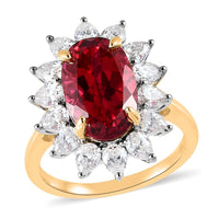 Lab Created Padparadscha Sapphire and Moissanite Sunburst Ring in Vermeil YG and Platinum Over Sterling Silver (Size 9.0) 9.30 ctw
