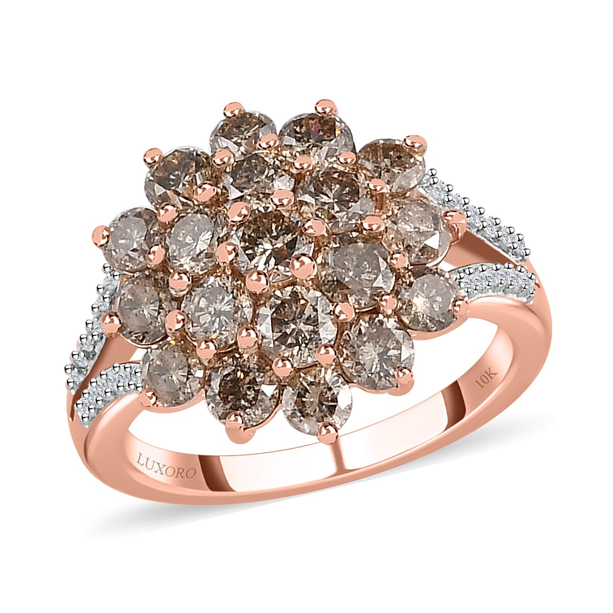 Luxoro 10K Rose Gold Natural Champagne and White Diamond Floral Ring (Size 10.0) 2.00 ctw