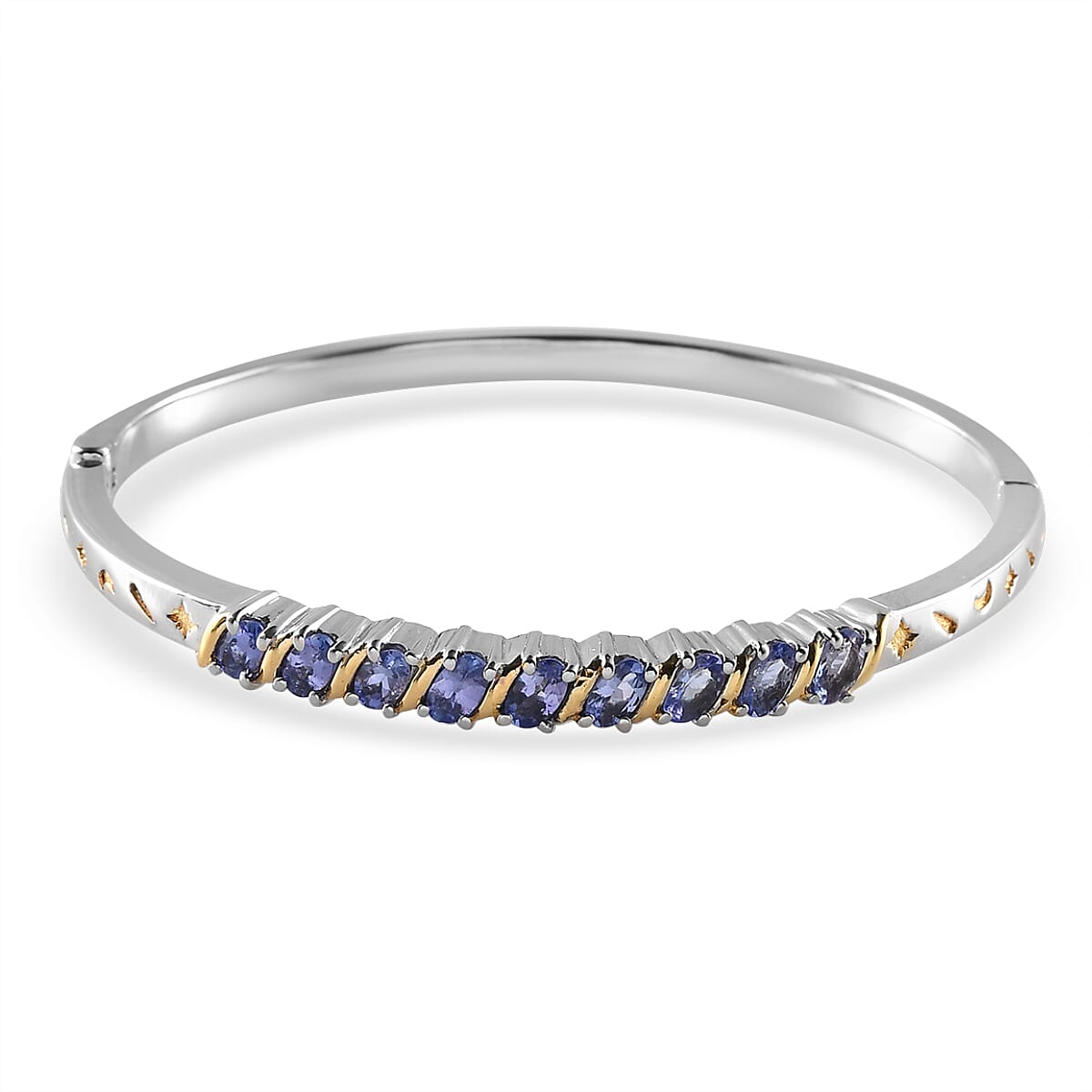 Tanzanite Moon and Star Bangle Bracelet in ION Plated YG & Stainless Steel (7.25 in) 2.10 ctw