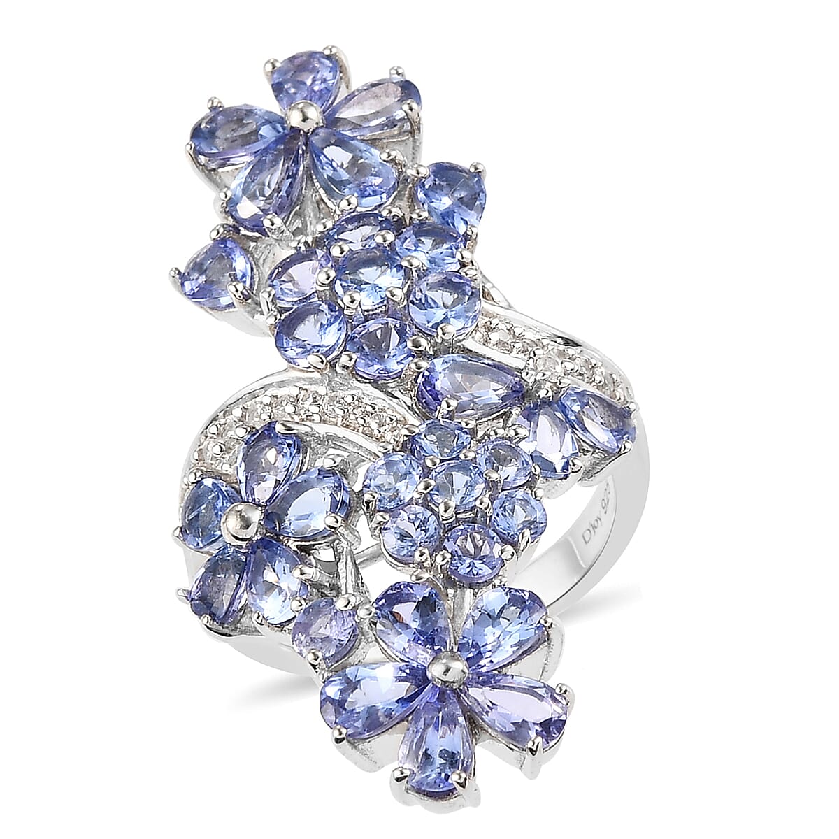 Tanzanite and Natural White Zircon Bypass Ring in Platinum Over Sterling Silver (Size 9.0) 7.35 Grams 5.00 ctw