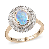 LUXORO 14K Yellow Gold AAA Australian Lightning Ridge Black Opal and G-H I3 Diamond Double Halo Ring 3.05 Grams 1.15 ctw