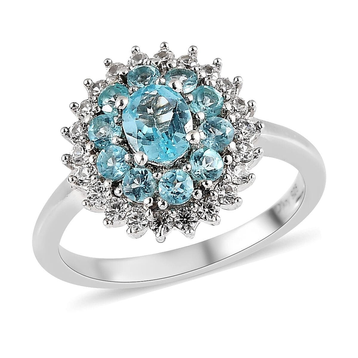 Madagascar Paraiba Apatite and White Zircon Ring in Platinum Over Sterling Silver (Size 10.0) 1.15 ctw
