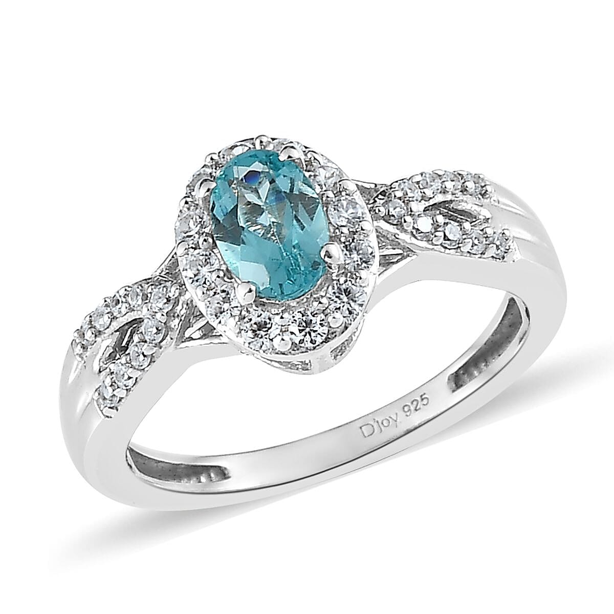Madagascar Paraiba Apatite and White Zircon Ring in Platinum Over Sterling Silver 0.85 ctw