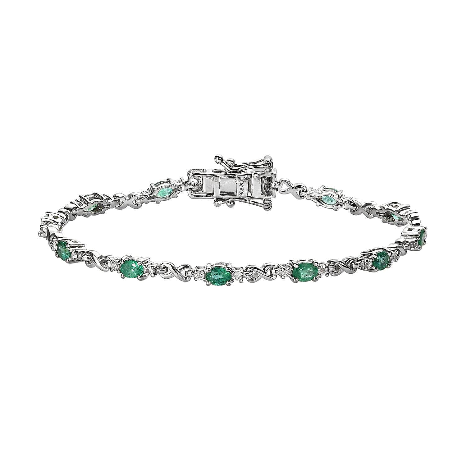 AAA Kagem Zambian Emerald and White Zircon Bracelet in Platinum Over Sterling Silver (6.50 In) 2.00 ctw (Del. in 7-10 Days)