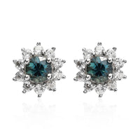 Australian Sapphire and White Zircon Sunburst Stud Earrings in Platinum Over Sterling Silver 1.10 ctw