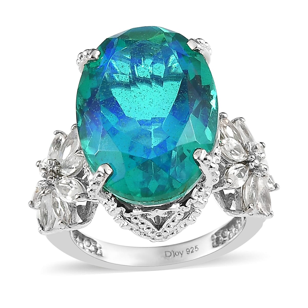 Peacock Quartz (Triplet) and White Zircon Ring in Platinum Over Sterling Silver 15.35 ctw