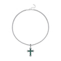 Green Glass and Austrian Crystal Cross Pendant with Tennis Necklace 20-22 Inches in Silvertone - Sticky add to cart bar