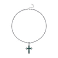 Green Glass and Austrian Crystal Cross Pendant with Tennis Necklace 20-22 Inches in Silvertone
