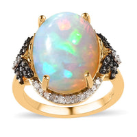 Premium Ethiopian Welo Opal and Natural Champagne and White Diamond Butterfly Ring in Vermeil YG Over Sterling Silver 6.00 ctw