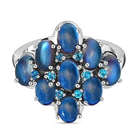 Aurora Moonstone and Malgache Neon Apatite 4.62 ctw Cluster Ring in Platinum Over Sterling Silver (Size 11.5)