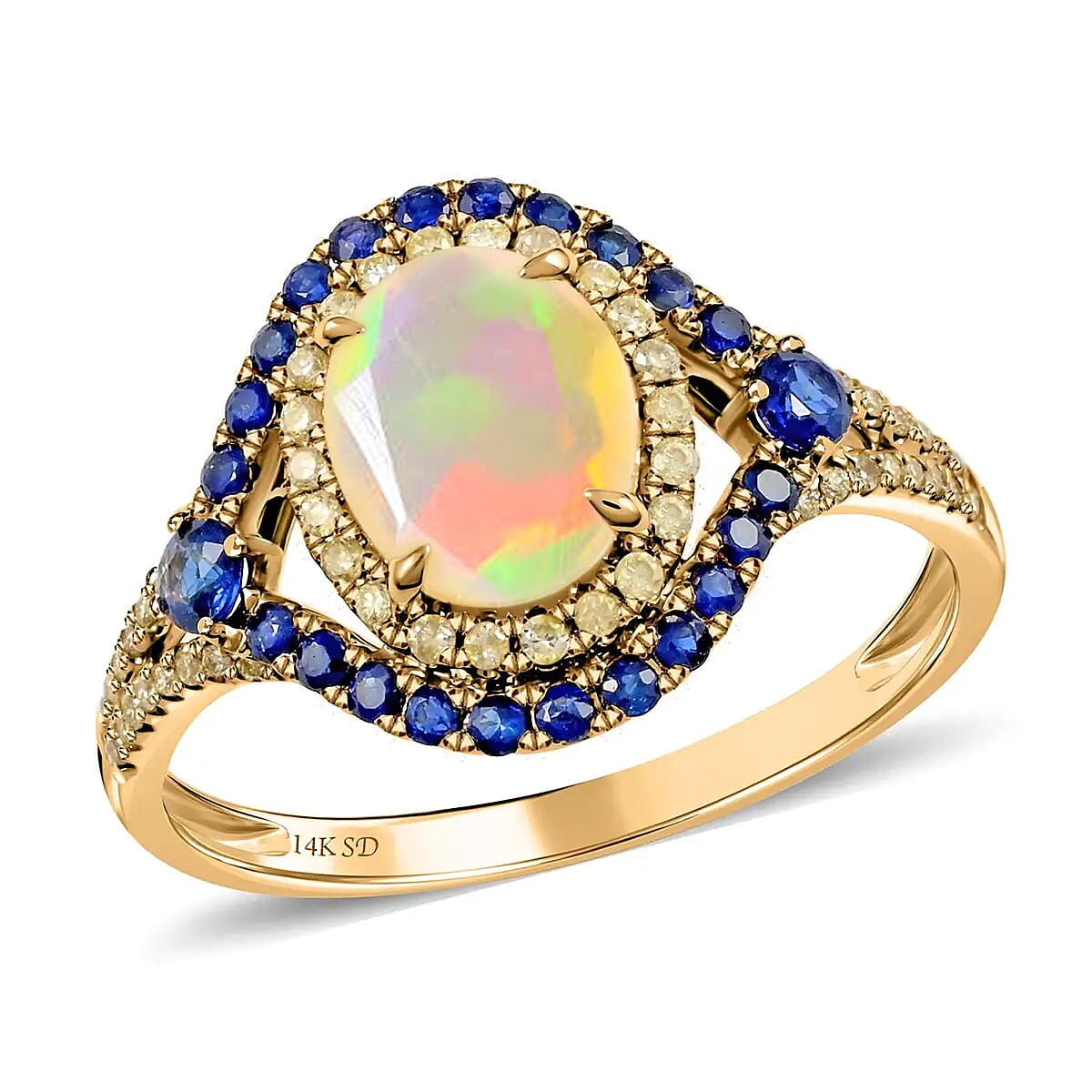 Modani 14K Yellow Gold Ethiopian Welo Opal, Blue Sapphire, Natural Yellow Diamond SI Ring 1.70 ctw