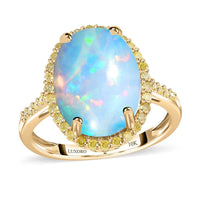 Luxoro 10K Yellow Gold AAA Ethiopian Welo Opal and I3 Natural Yellow Diamond Ring 3.65 ctw