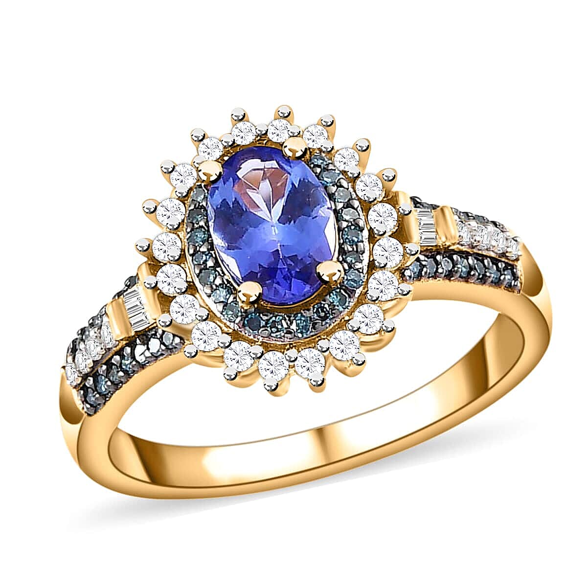 AAA Tanzanite, Blue and White Diamond Sunburst Ring in Vermeil Yellow Gold Over Sterling Silver (Size 10.0) 1.20 ctw