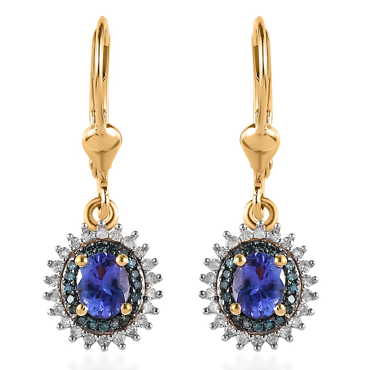 Tanzanite, Blue and White Diamond Lever Back Earrings in Vermeil Yellow Gold Over Sterling Silver 1.10 ctw