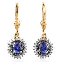 Tanzanite, Blue and White Diamond Lever Back Earrings in Vermeil Yellow Gold Over Sterling Silver 1.10 ctw
