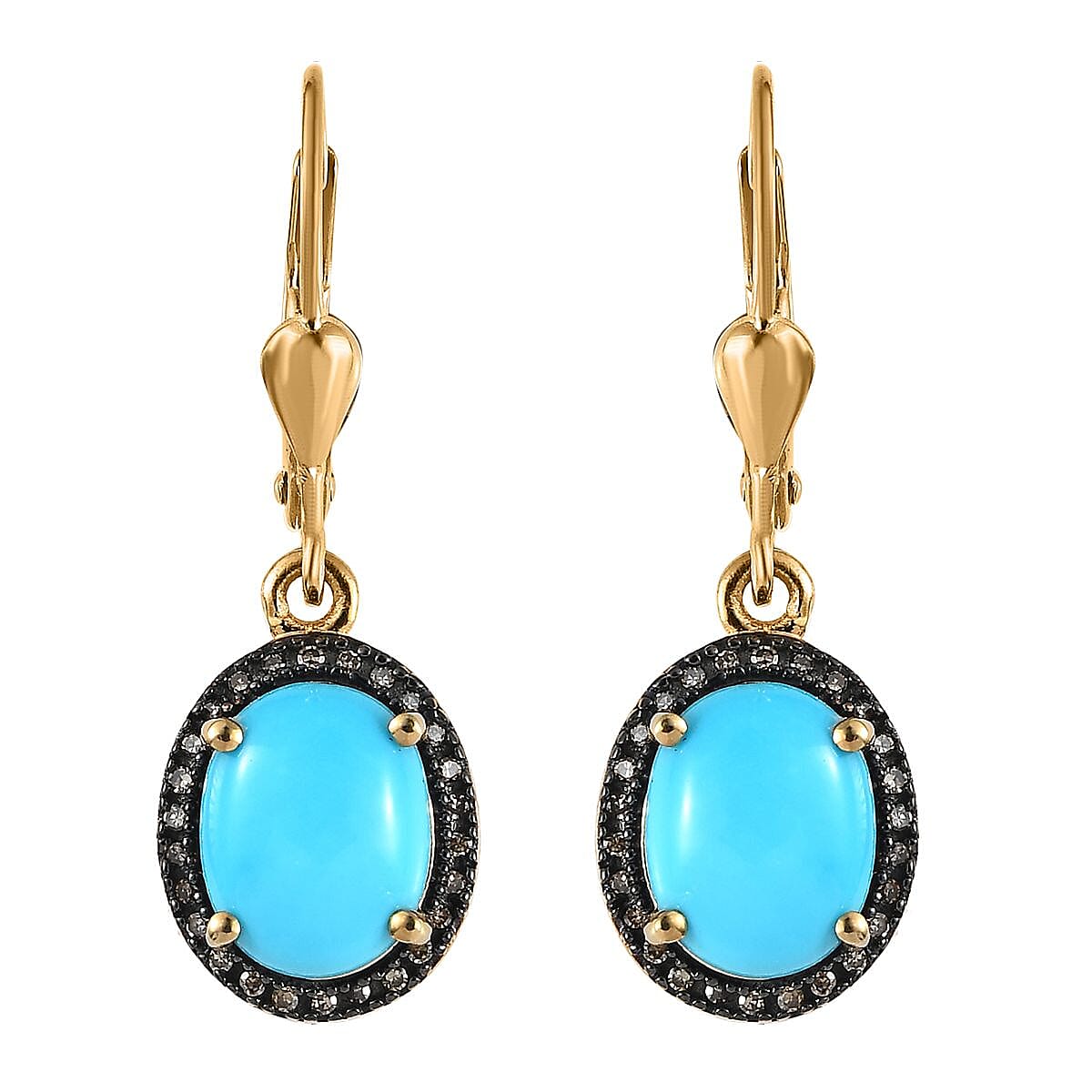 Sleeping Beauty Turquoise and Red Diamond Lever Back Earrings in Vermeil Yellow Gold Over Sterling Silver 3.00 ctw