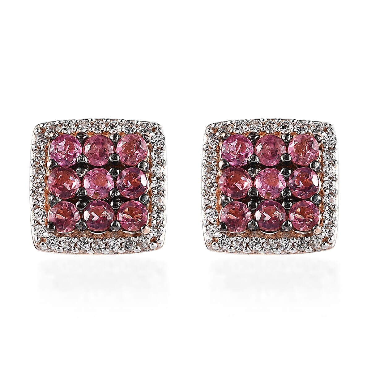 Premium Morro Redondo Pink Tourmaline and White Zircon Halo Stud Earrings in Vermeil Rose Gold Over Sterling Silver 0.90 ctw