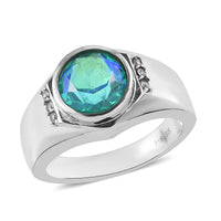 Peacock Quartz (Triplet) and White Zircon Men's Ring in Stainless Steel 3.15 ctw
