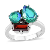 Peacock Quartz, Mozambique Garnet 3 Stone Ring in Stainless Steel (Size 10.0) 3.80 ctw
