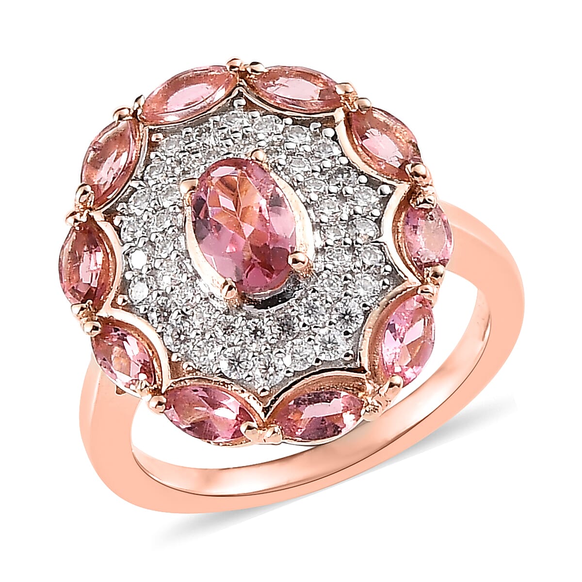 Premium Morro Redondo Pink Tourmaline, Moissanite Cocktail Ring Vermeil RG Over Sterling Silver (Size 10.0) 1.75 ctw