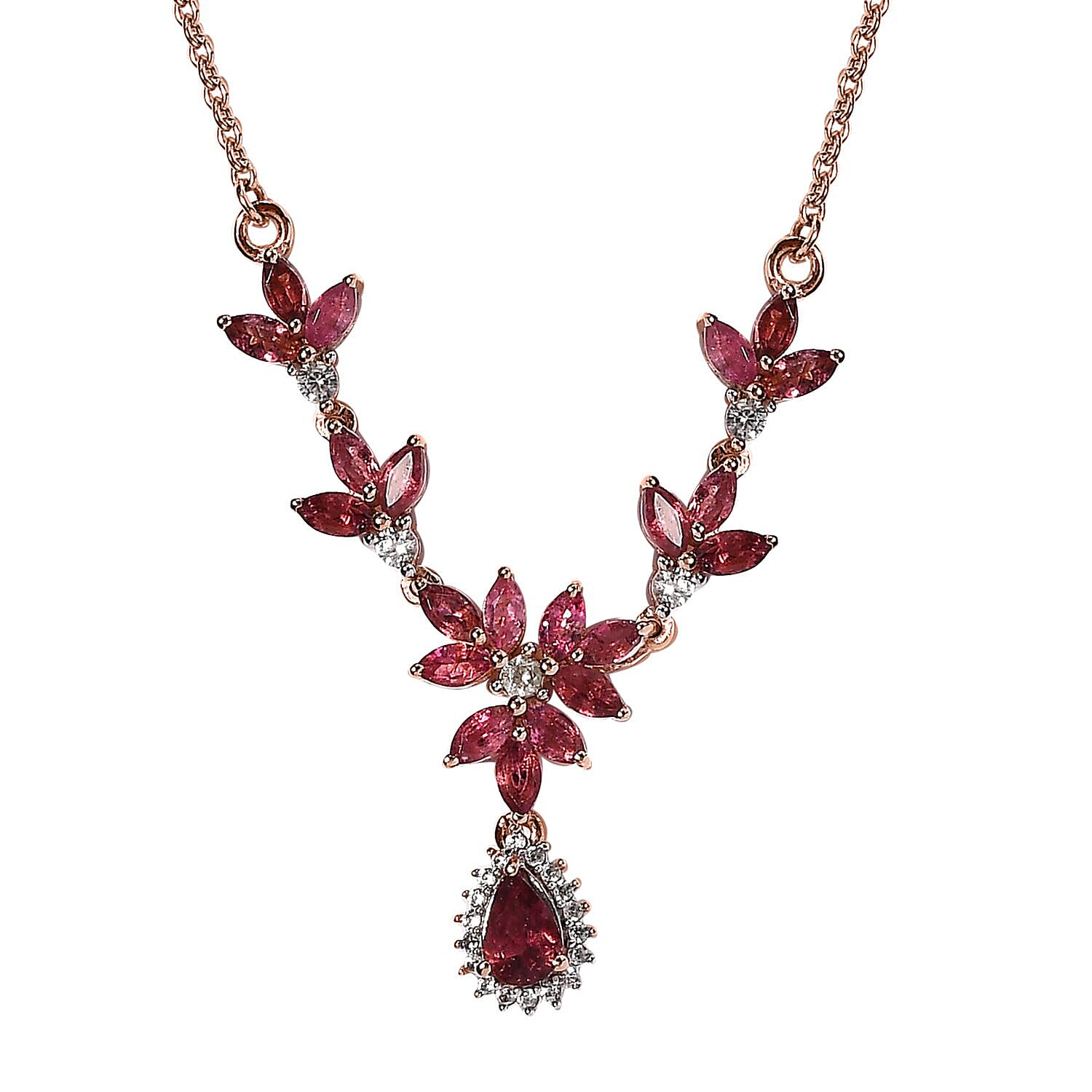 Premium Morro Redondo Pink Tourmaline and White Zircon Floral Necklace 20 Inches in Vermeil Rose Gold Over Sterling Silver 2.35 ctw