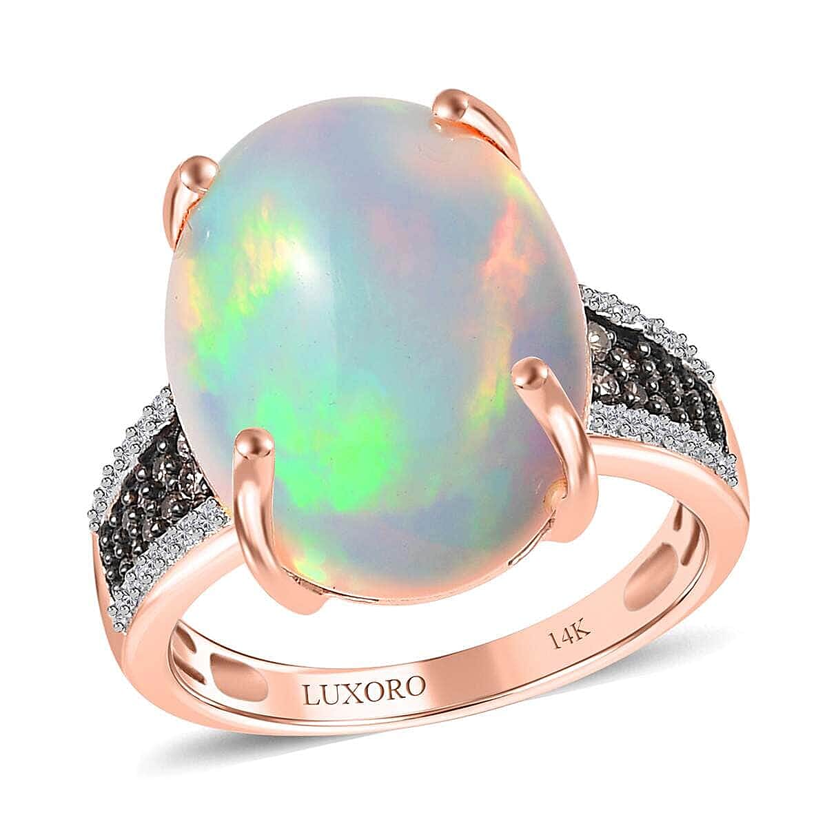 One Time Only Luxoro 14K Rose Gold AAA Ethiopian Welo Opal, Natural Champagne and White Diamond (I3) (0.30 cts) Ring (Size 7.0) (4.20 g) 10.35 ctw