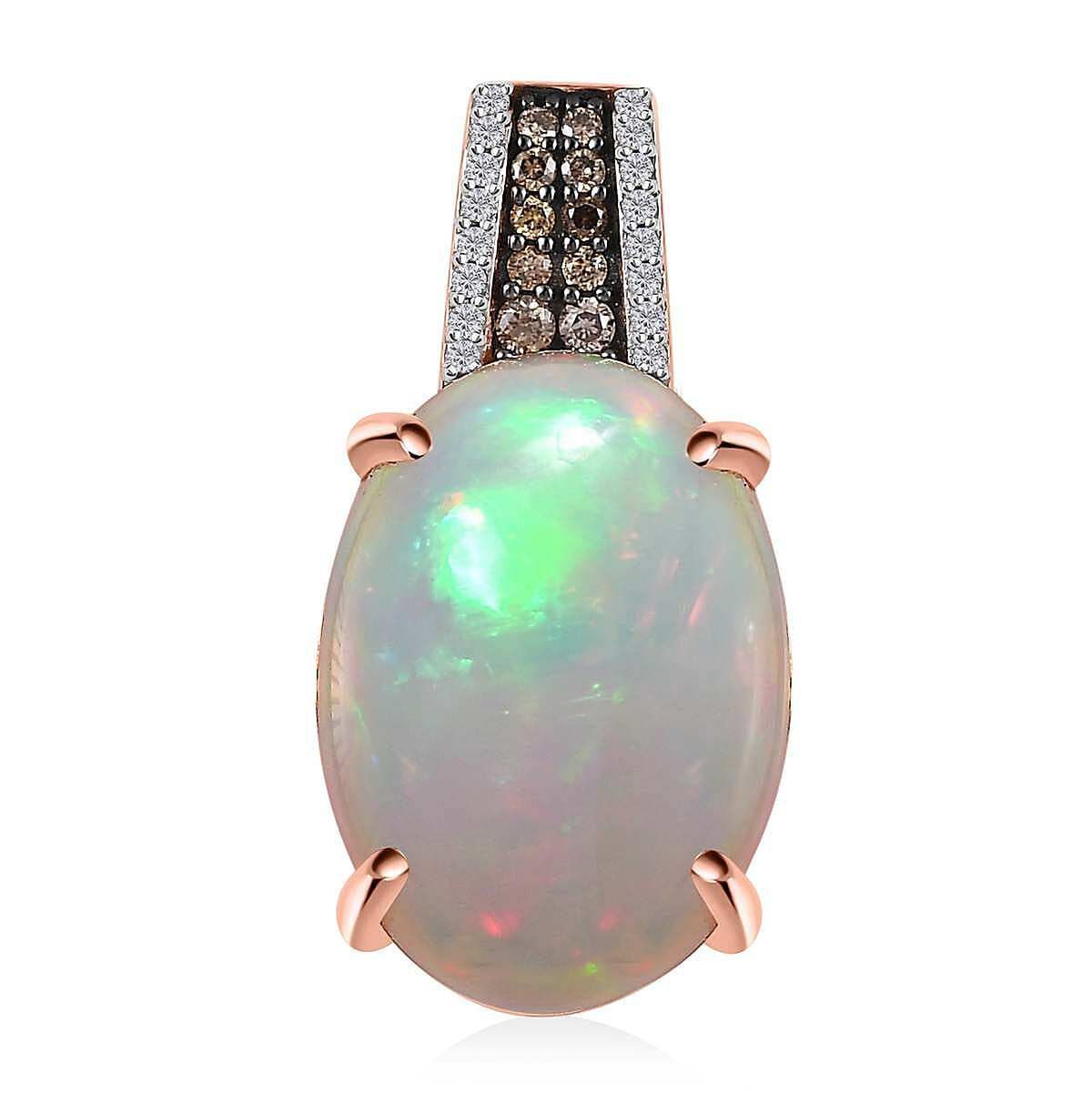 Luxoro 14K Rose Gold AAA Ethiopian Welo Opal, I3 Natural Champagne and White Diamond Pendant 10.20 ctw