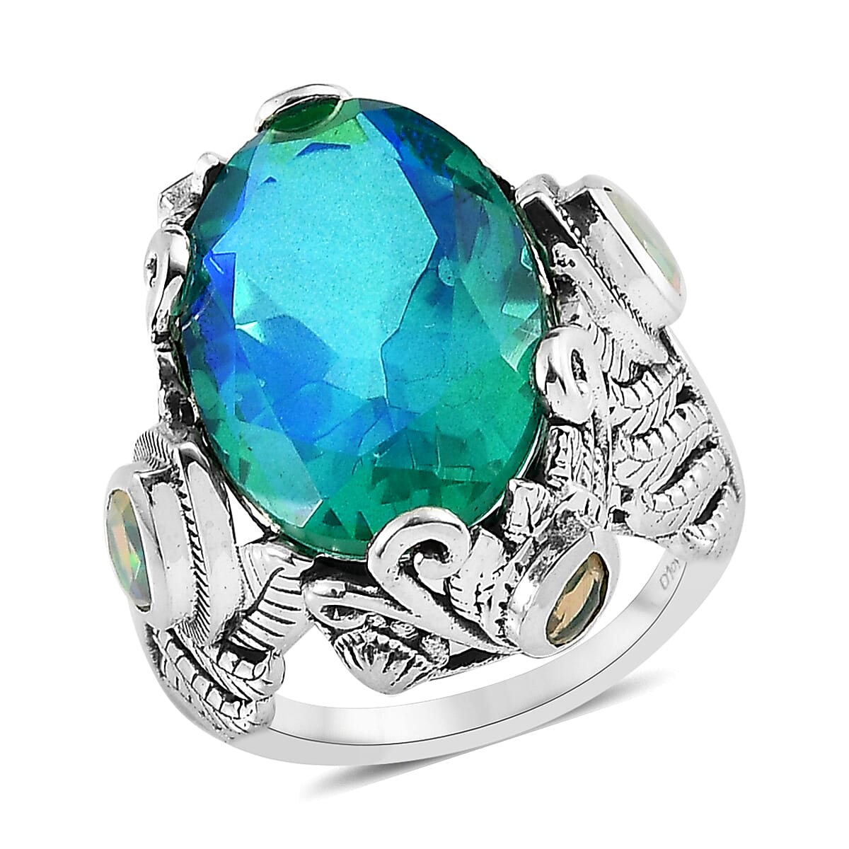 Artisan Crafted Peacock Quartz (Triplet) and Ethiopian Welo Opal Ring in Sterling Silver 12.65 ctw